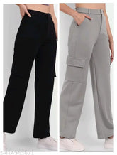 Solid cotton lycra women's four-pocket cargo pants, wide leg style with insert pockets, size options: 26-34
